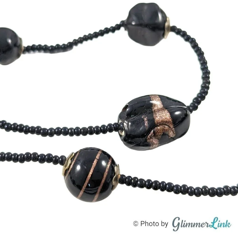 Vintage Long Black Gold Flecked Beaded Bohemian Necklace